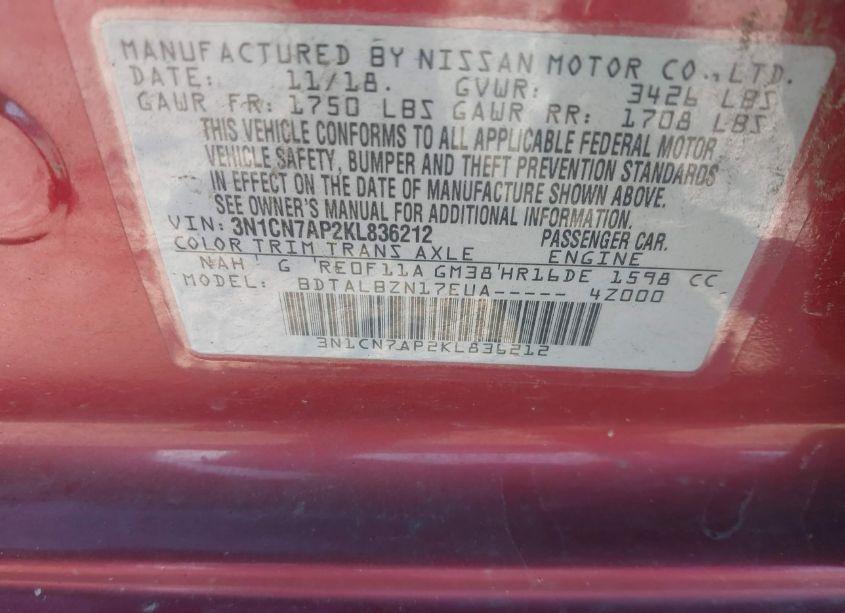 Photo 9 of 2019 Nissan Versa 1.6 SV (VIN 3N1CN7AP2KL836212)