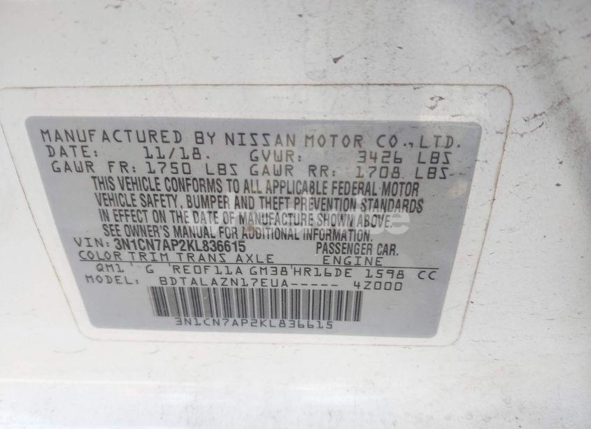 Photo 9 of 2019 Nissan Versa 1.6 S+ (VIN 3N1CN7AP2KL836615)