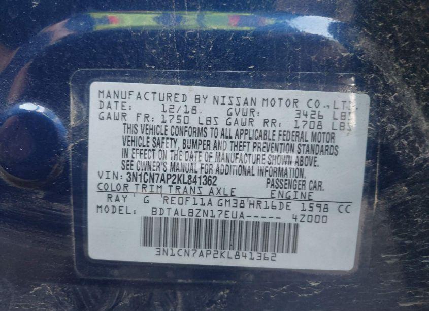 Photo 9 of 2019 Nissan Versa 1.6 SV (VIN 3N1CN7AP2KL841362)