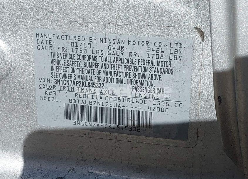 Photo 9 of 2019 Nissan Versa 1.6 SV (VIN 3N1CN7AP2KL845332)