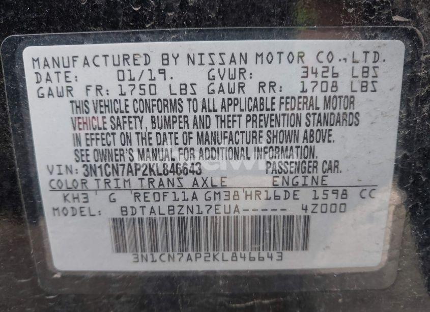 Photo 9 of 2019 Nissan Versa 1.6 SV (VIN 3N1CN7AP2KL846643)