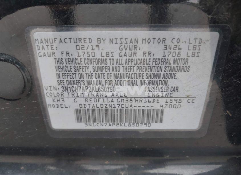 Photo 9 of 2019 Nissan Versa 1.6 SV (VIN 3N1CN7AP2KL850790)