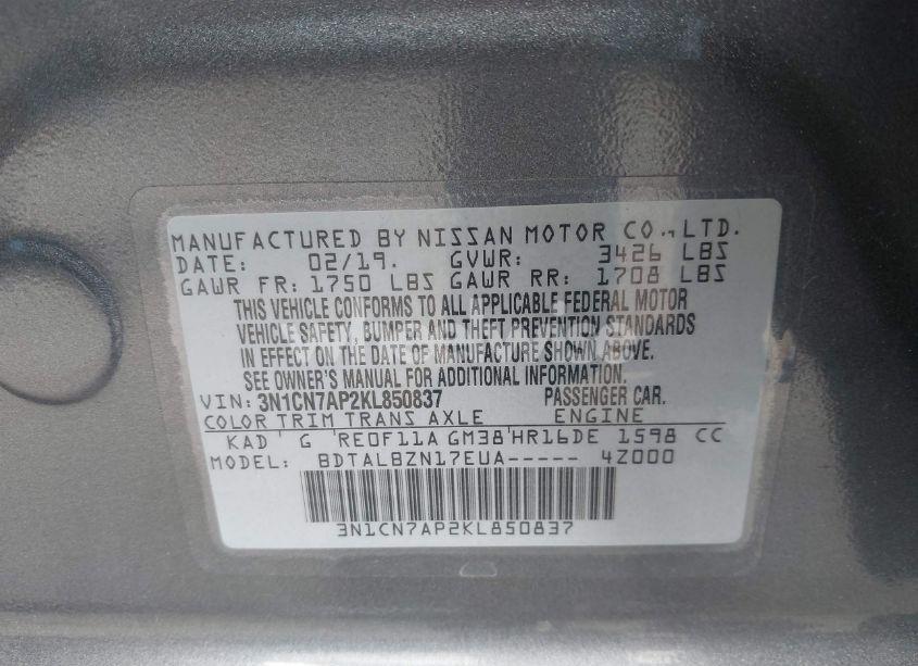 Photo 9 of 2019 Nissan Versa 1.6 SV (VIN 3N1CN7AP2KL850837)
