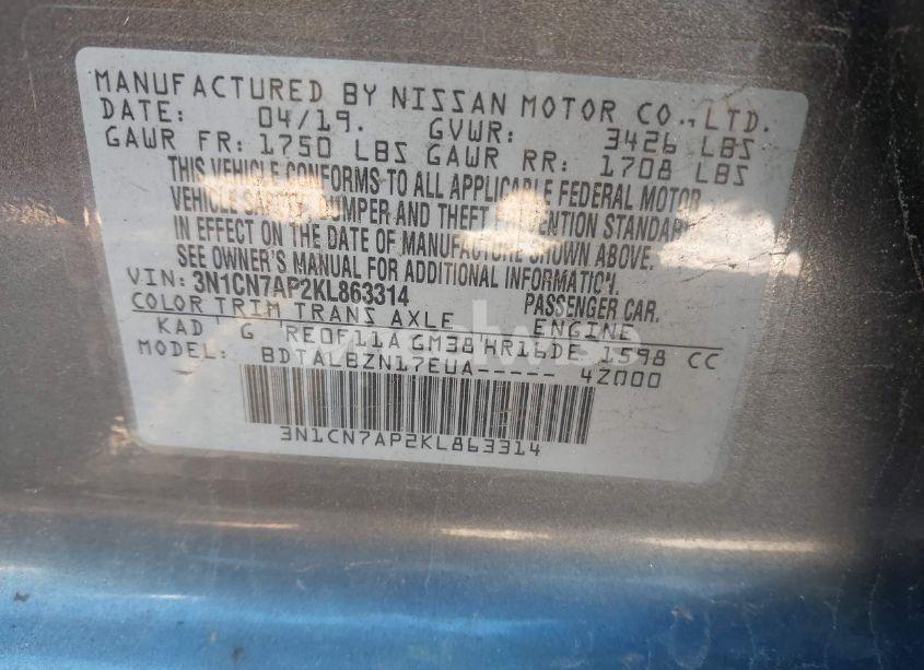 Photo 9 of 2019 Nissan Versa 1.6 SV (VIN 3N1CN7AP2KL863314)