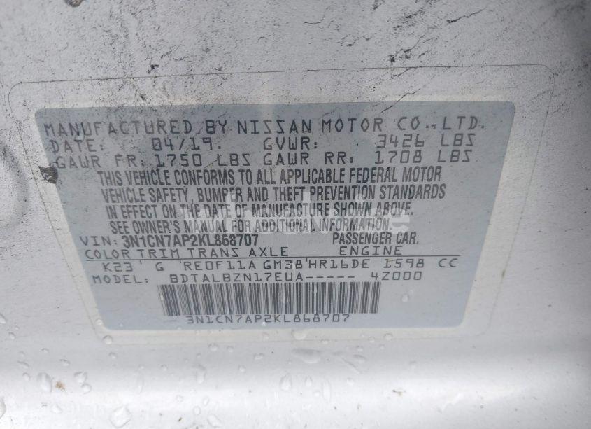 Photo 9 of 2019 Nissan Versa 1.6 SV (VIN 3N1CN7AP2KL868707)