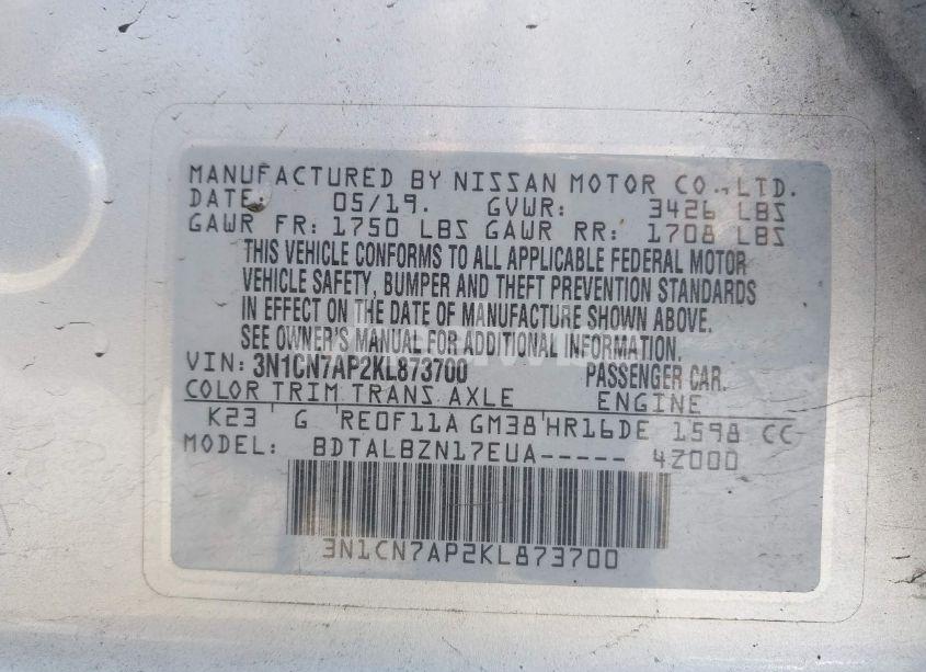 Photo 9 of 2019 Nissan Versa 1.6 SV (VIN 3N1CN7AP2KL873700)