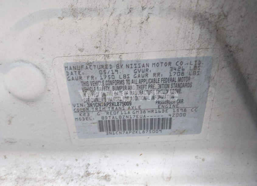 Photo 9 of 2019 Nissan Versa 1.6 SV (VIN 3N1CN7AP2KL875009)