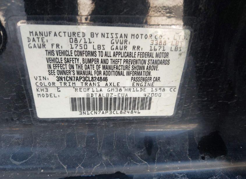 Photo 9 of 2012 Nissan Versa 1.6 SV (VIN 3N1CN7AP3CL824846)