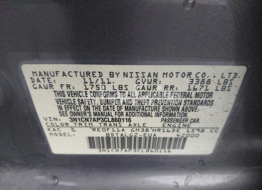 Photo 9 of 2012 Nissan Versa 1.6 SL (VIN 3N1CN7AP3CL860116)