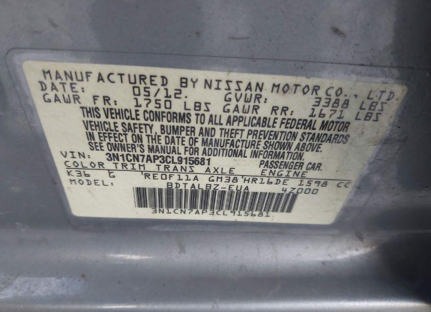 Photo 9 of 2012 Nissan Versa 1.6 SV (VIN 3N1CN7AP3CL915681)