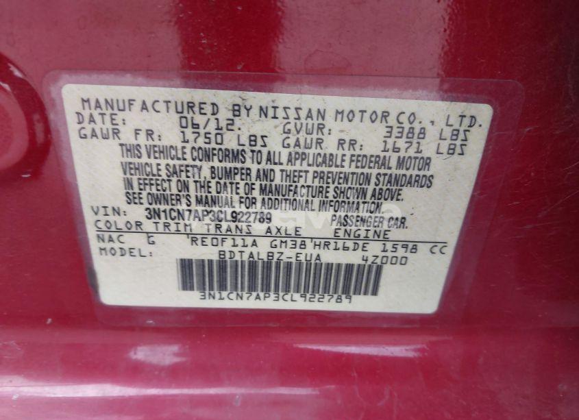 Photo 9 of 2012 Nissan Versa 1.6 SV (VIN 3N1CN7AP3CL922789)