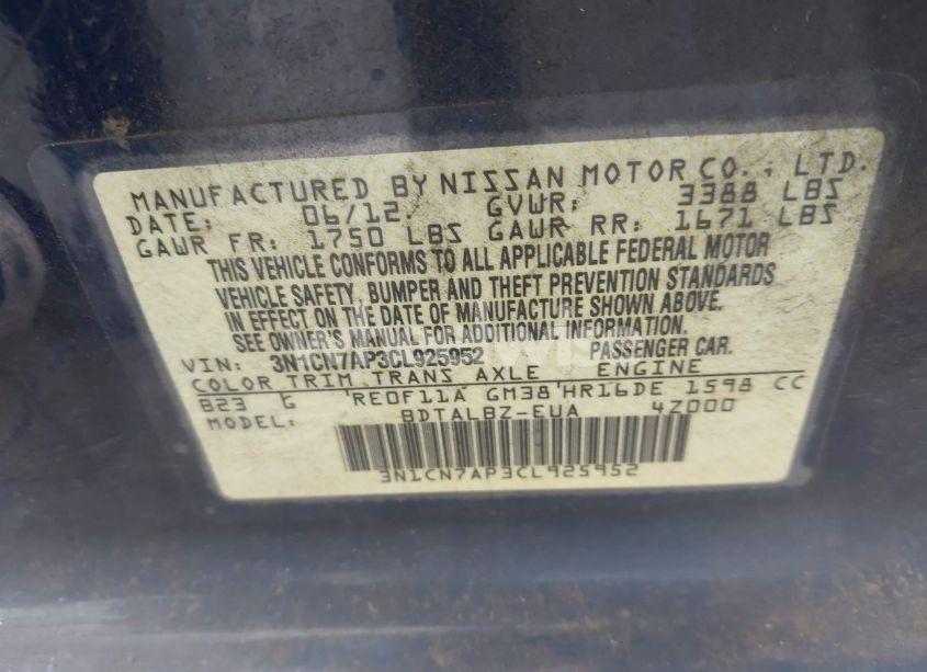 Photo 9 of 2012 Nissan Versa 1.6 SV (VIN 3N1CN7AP3CL925952)