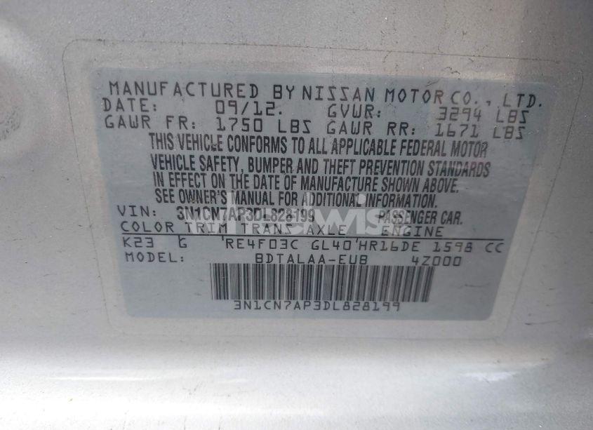 Photo 9 of 2013 Nissan Versa 1.6 S (VIN 3N1CN7AP3DL828199)