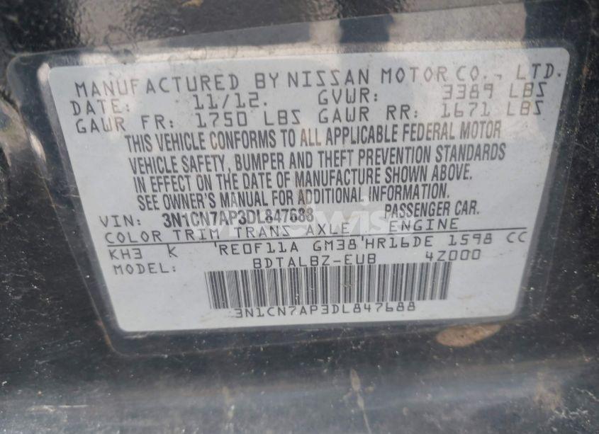 Photo 9 of 2013 Nissan Versa 1.6 SV (VIN 3N1CN7AP3DL847688)