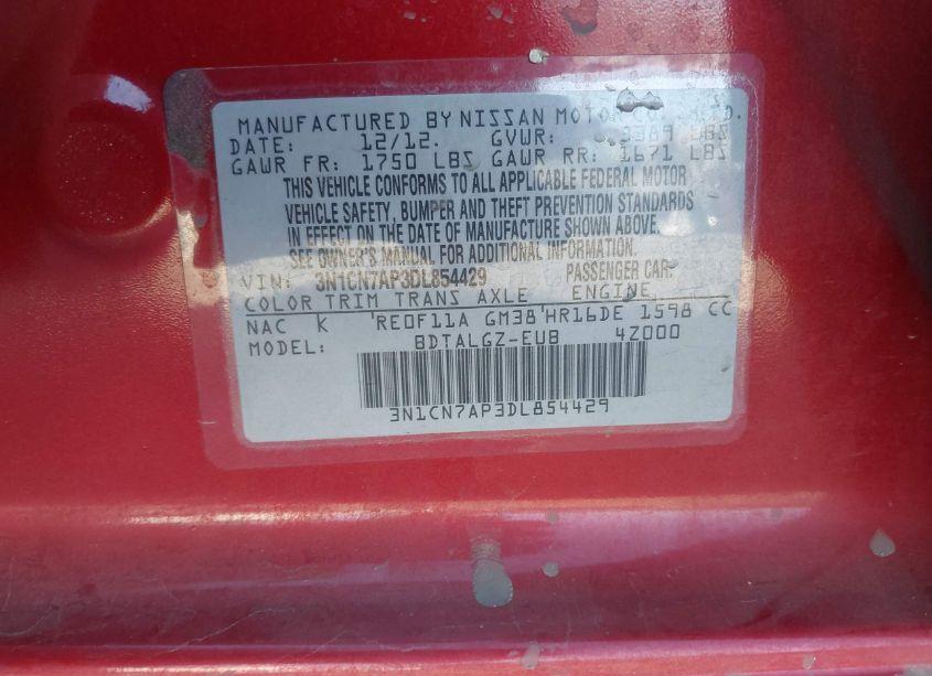 Photo 9 of 2013 Nissan Versa 1.6 SL (VIN 3N1CN7AP3DL854429)