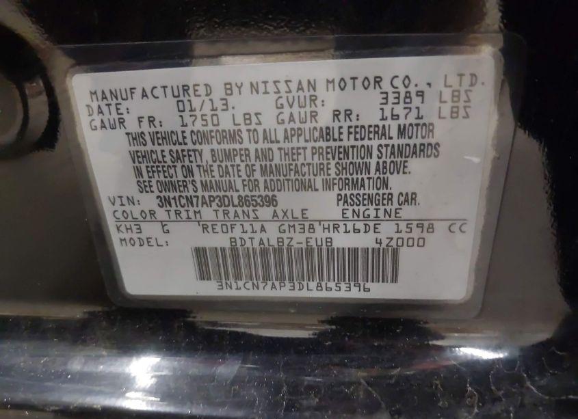 Photo 9 of 2013 Nissan Versa 1.6 SV (VIN 3N1CN7AP3DL865396)