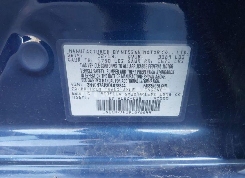 Photo 9 of 2013 Nissan Versa 1.6 SV (VIN 3N1CN7AP3DL878844)