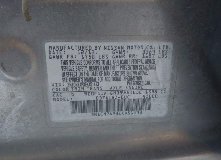 Photo 9 of 2014 Nissan Versa 1.6 SV (VIN 3N1CN7AP3EK451493)