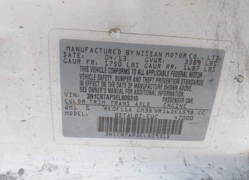 Photo 9 of 2014 Nissan Versa 1.6 SV (VIN 3N1CN7AP3EL809315)