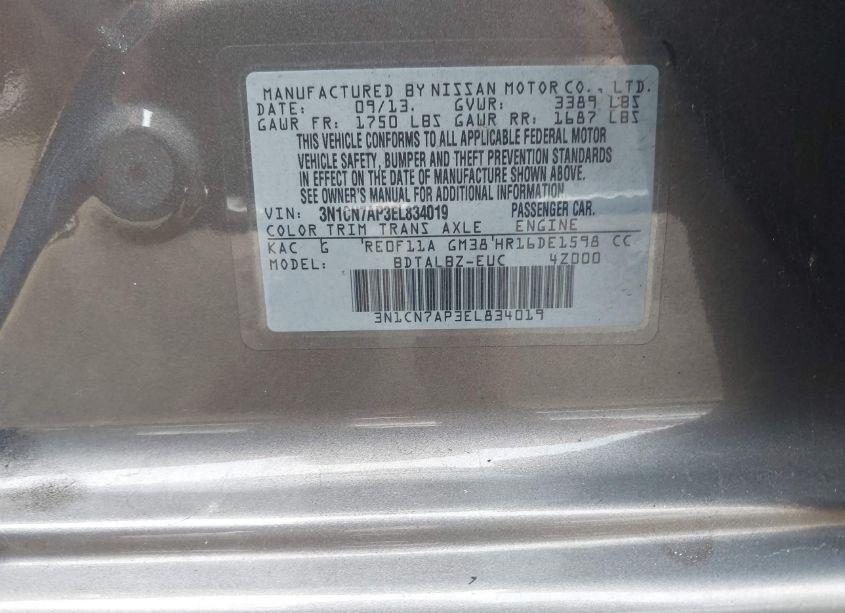 Photo 9 of 2014 Nissan Versa 1.6 SV (VIN 3N1CN7AP3EL834019)