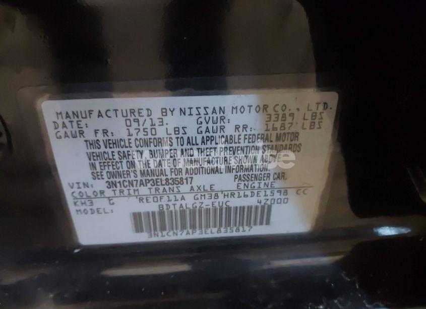 Photo 9 of 2014 Nissan Versa 1.6 SL (VIN 3N1CN7AP3EL835817)