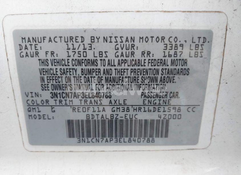 Photo 9 of 2014 Nissan Versa 1.6 SV (VIN 3N1CN7AP3EL840788)