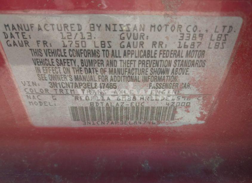 Photo 9 of 2014 Nissan Versa 1.6 S+ (VIN 3N1CN7AP3EL847465)