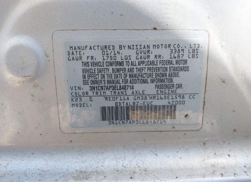 Photo 9 of 2014 Nissan Versa 1.6 SV (VIN 3N1CN7AP3EL848714)