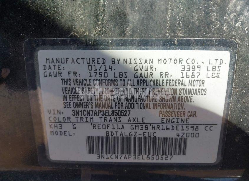 Photo 9 of 2014 Nissan Versa 1.6 SL (VIN 3N1CN7AP3EL850527)