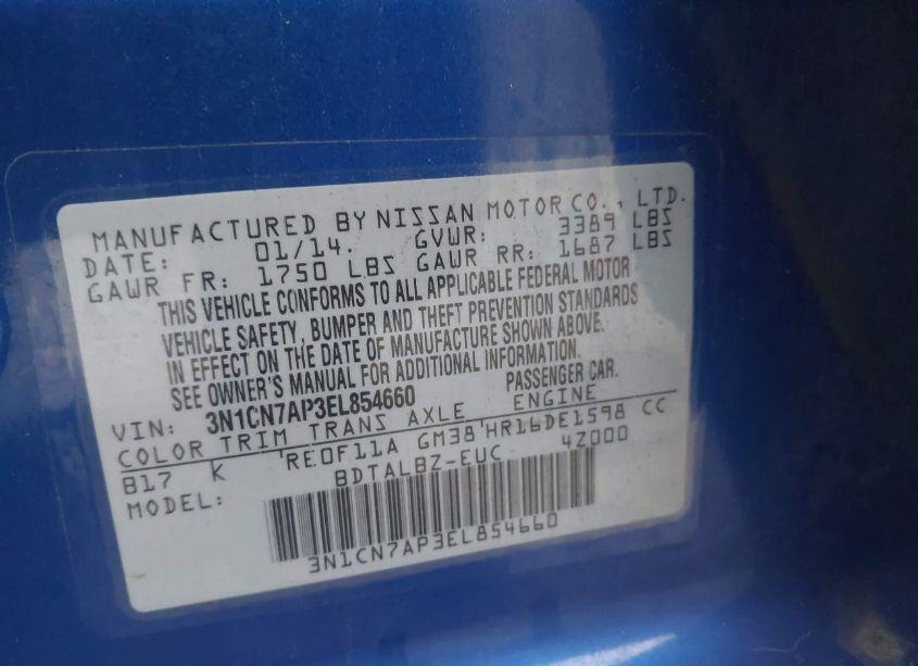 Photo 9 of 2014 Nissan Versa 1.6 SV (VIN 3N1CN7AP3EL854660)