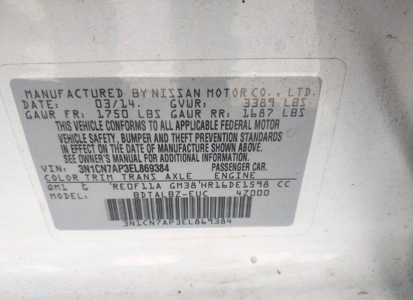 Photo 9 of 2014 Nissan Versa 1.6 SV (VIN 3N1CN7AP3EL869384)