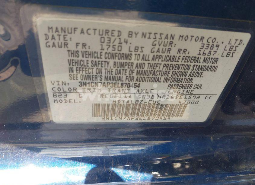 Photo 9 of 2014 Nissan Versa 1.6 SV (VIN 3N1CN7AP3EL870454)