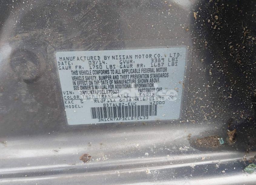 Photo 9 of 2014 Nissan Versa 1.6 SV (VIN 3N1CN7AP3EL870633)