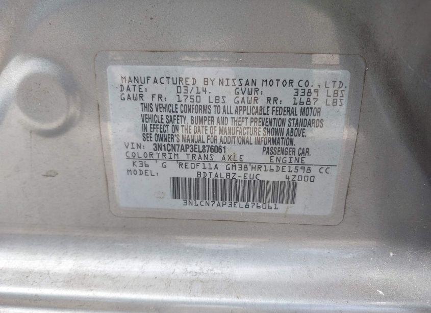 Photo 9 of 2014 Nissan Versa 1.6 SV (VIN 3N1CN7AP3EL876061)