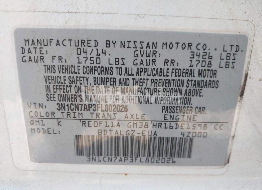 Photo 9 of 2015 Nissan Versa 1.6 SL (VIN 3N1CN7AP3FL802026)