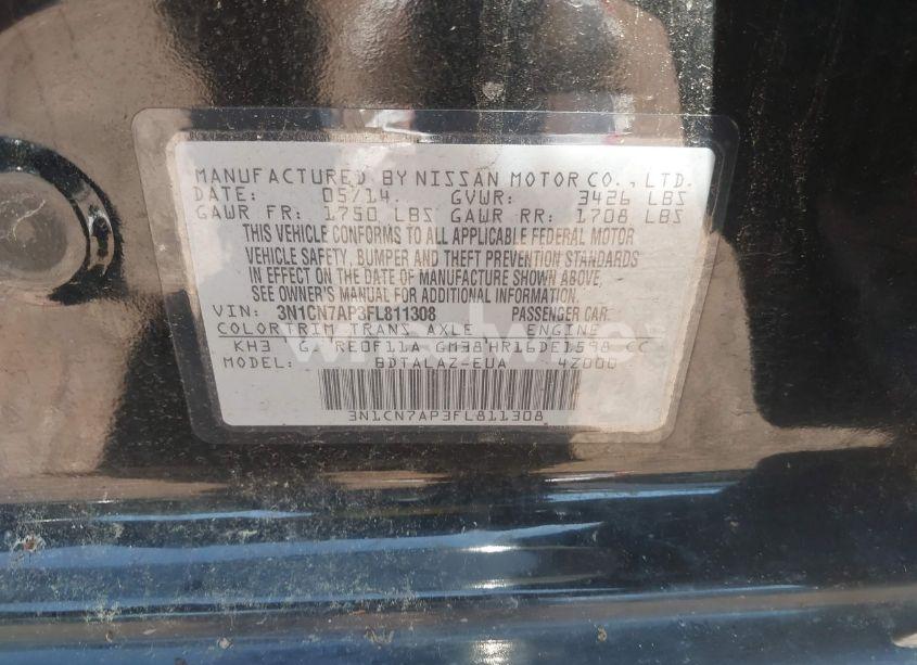 Photo 9 of 2015 Nissan Versa 1.6 S+ (VIN 3N1CN7AP3FL811308)