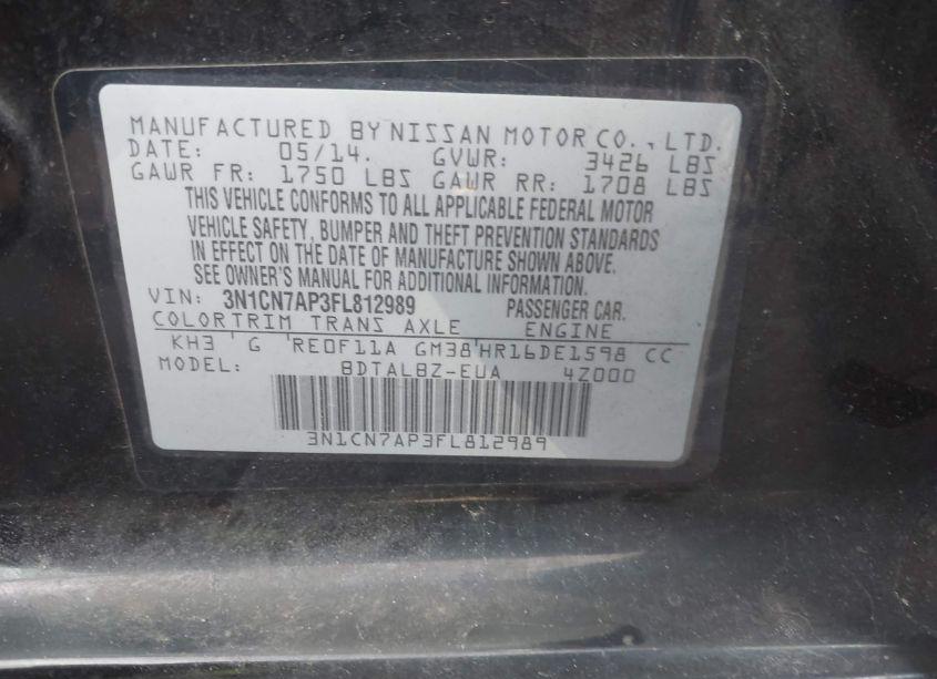 Photo 9 of 2015 Nissan Versa 1.6 S/1.6 S+/1.6 SL/1.6 SV (VIN 3N1CN7AP3FL812989)