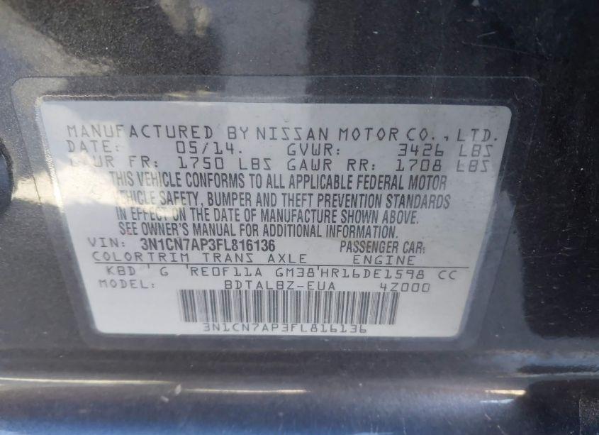 Photo 9 of 2015 Nissan Versa 1.6 S/1.6 S+/1.6 SL/1.6 SV (VIN 3N1CN7AP3FL816136)