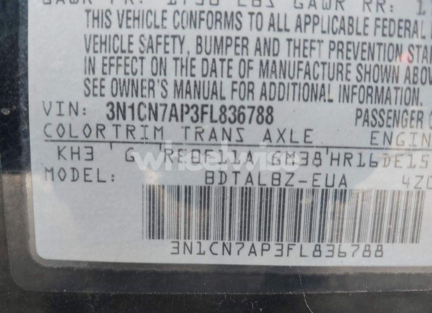 Photo 9 of 2015 Nissan Versa 1.6 SV (VIN 3N1CN7AP3FL836788)