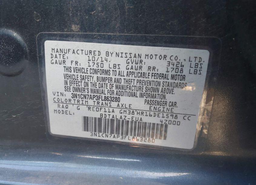 Photo 9 of 2015 Nissan Versa 1.6 S+ (VIN 3N1CN7AP3FL863280)