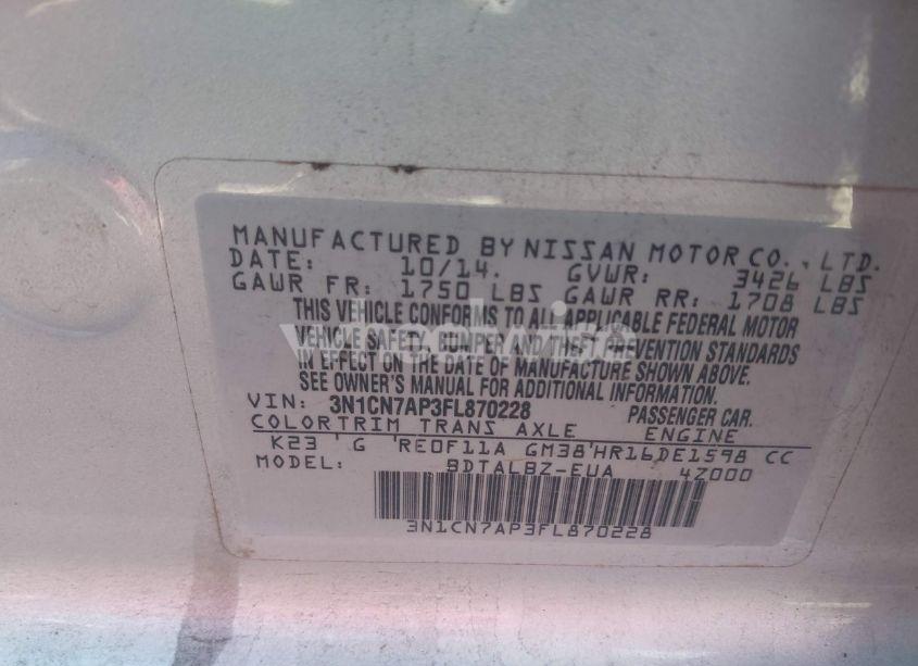 Photo 9 of 2015 Nissan Versa 1.6 SV (VIN 3N1CN7AP3FL870228)