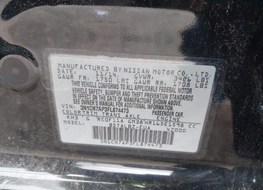 Photo 9 of 2015 Nissan Versa 1.6 SV (VIN 3N1CN7AP3FL874473)