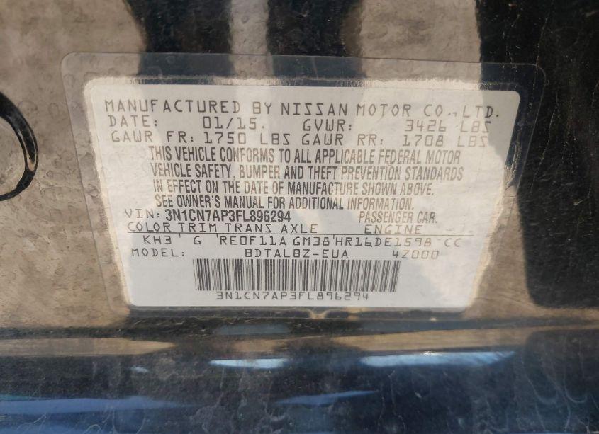 Photo 9 of 2015 Nissan Versa 1.6 SV (VIN 3N1CN7AP3FL896294)