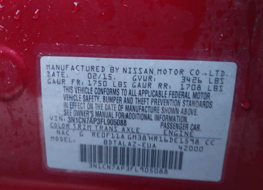 Photo 9 of 2015 Nissan Versa 1.6 S+ (VIN 3N1CN7AP3FL905088)