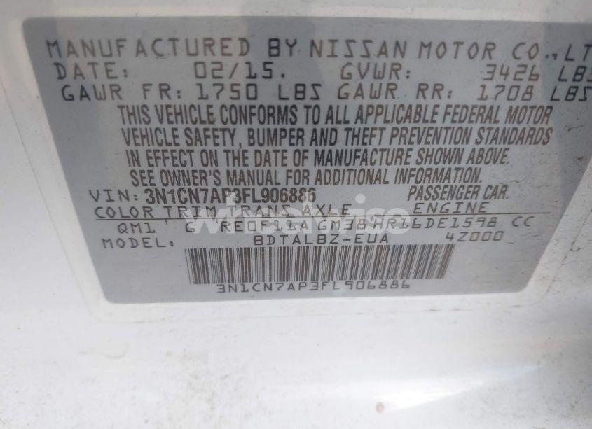 Photo 9 of 2015 Nissan Versa 1.6 SV (VIN 3N1CN7AP3FL906886)