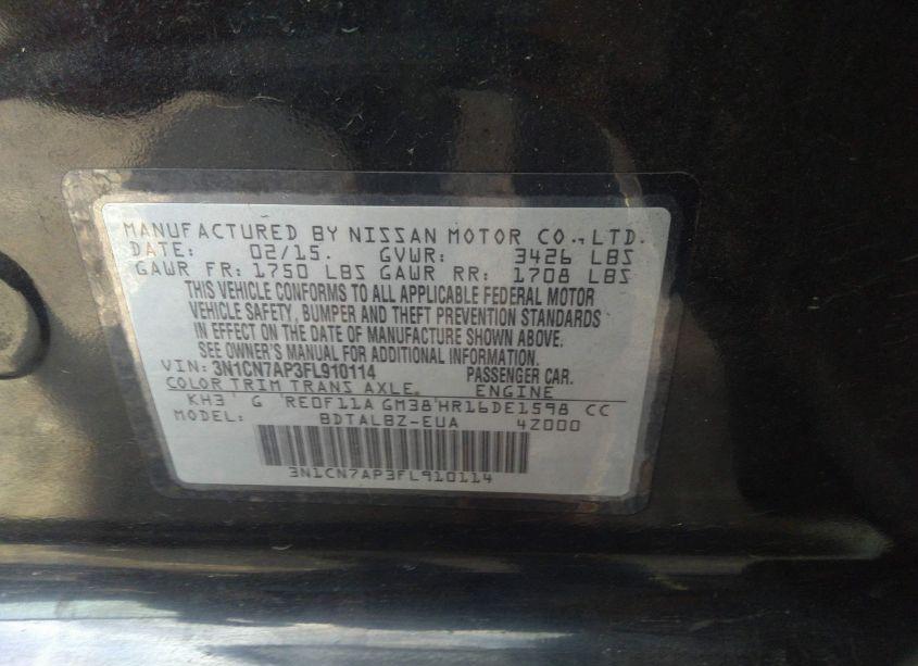 Photo 9 of 2015 Nissan Versa 1.6 S/1.6 S+/1.6 SL/1.6 SV (VIN 3N1CN7AP3FL910114)