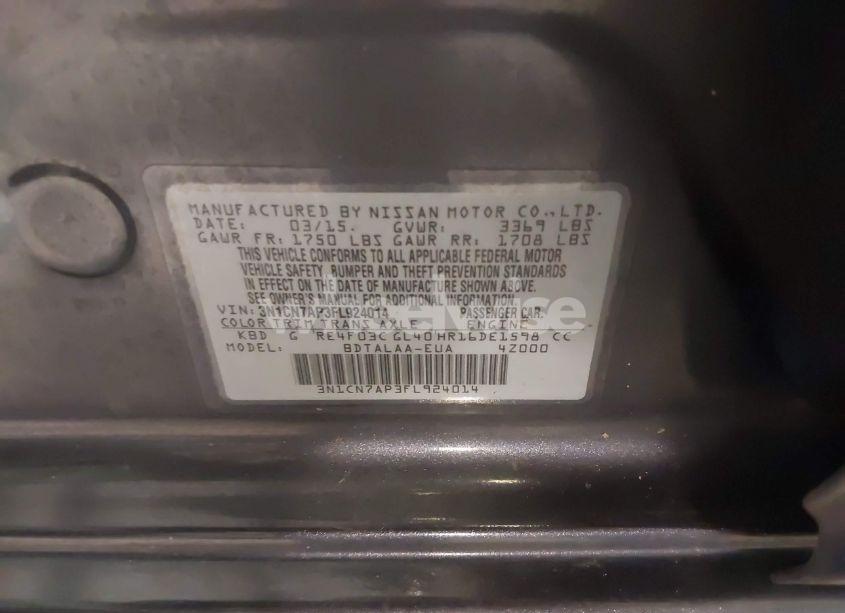 Photo 9 of 2015 Nissan Versa 1.6 S (VIN 3N1CN7AP3FL924014)