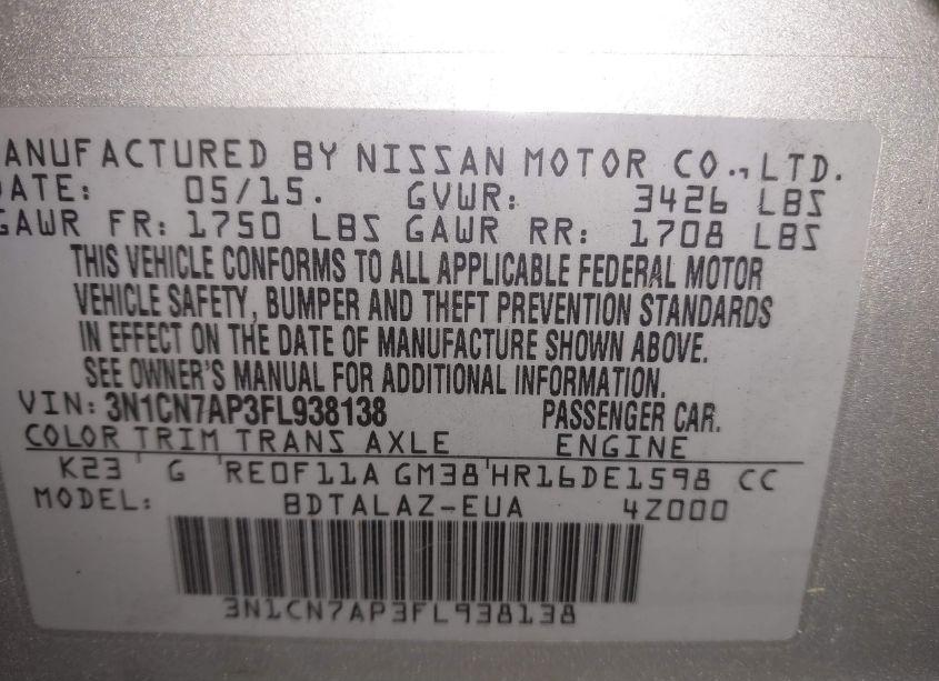 Photo 9 of 2015 Nissan Versa 1.6 S+ (VIN 3N1CN7AP3FL938138)