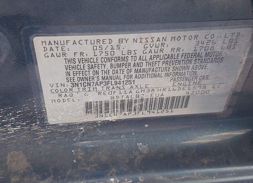 Photo 9 of 2015 Nissan Versa 1.6 SV (VIN 3N1CN7AP3FL941251)