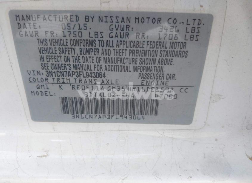 Photo 9 of 2015 Nissan Versa 1.6 SV (VIN 3N1CN7AP3FL943064)